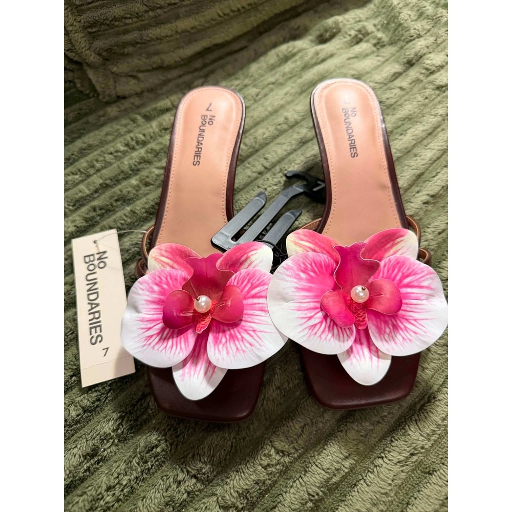 No Boundaries Womens 7 Brown Pink Floral Orchid Slide Sandals Pearl Square Toe
